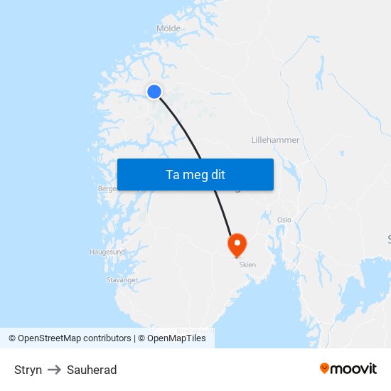 Stryn to Sauherad map