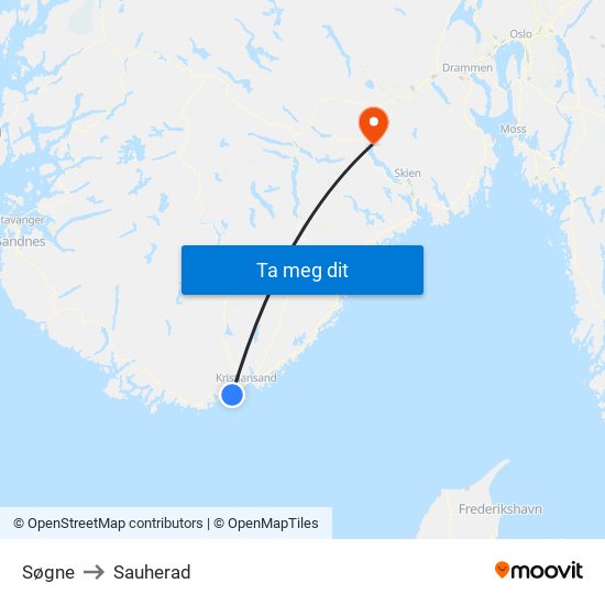 Søgne to Sauherad map