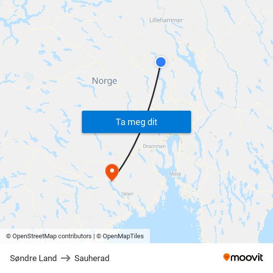 Søndre Land to Sauherad map