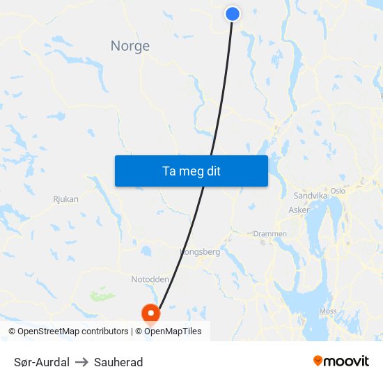 Sør-Aurdal to Sauherad map