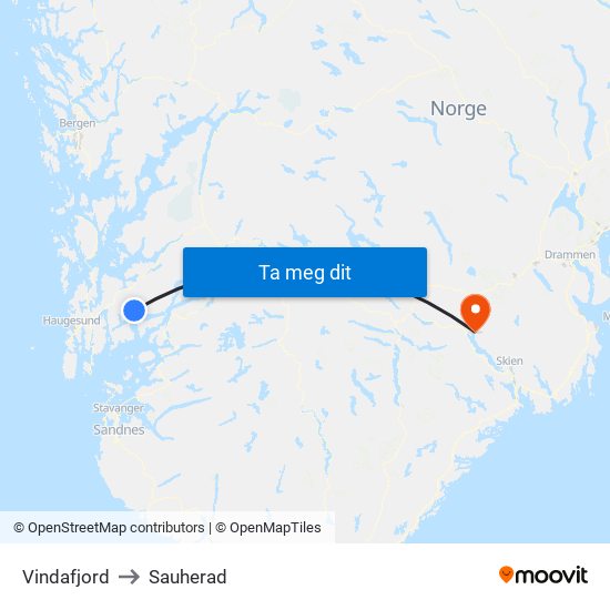 Vindafjord to Sauherad map