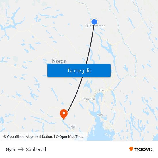 Øyer to Sauherad map