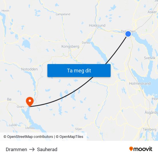 Drammen to Sauherad map