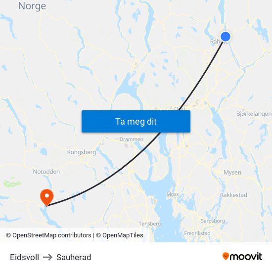 Eidsvoll to Sauherad map