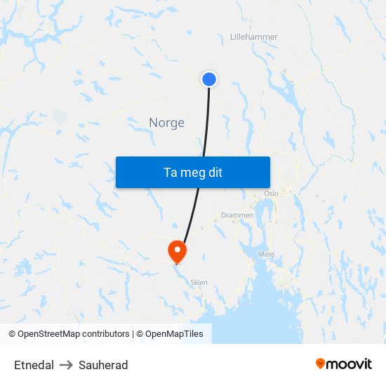 Etnedal to Sauherad map