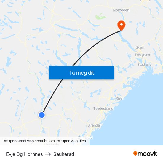 Evje Og Hornnes to Sauherad map