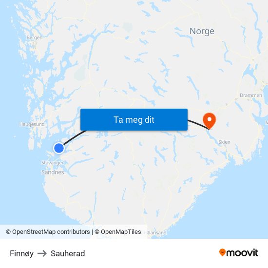 Finnøy to Sauherad map