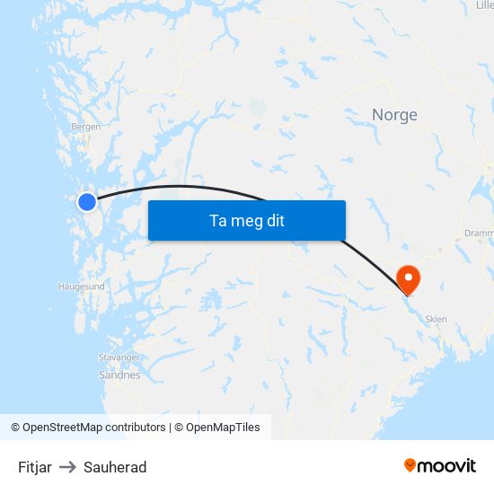 Fitjar to Sauherad map