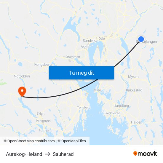 Aurskog-Høland to Sauherad map