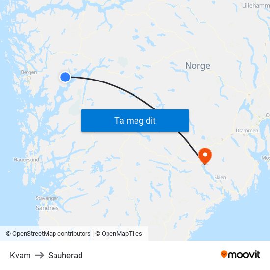 Kvam to Sauherad map