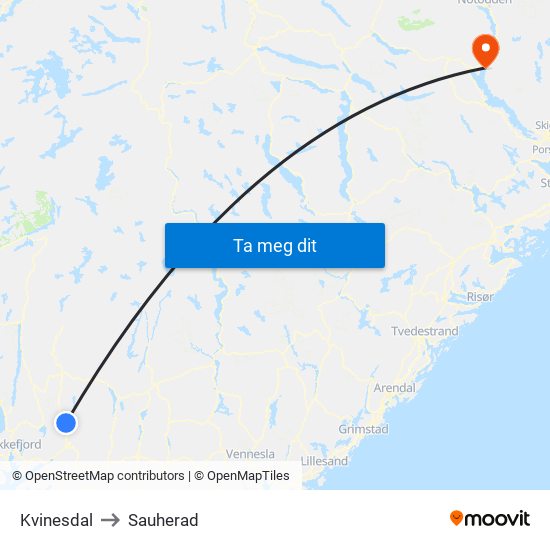 Kvinesdal to Sauherad map