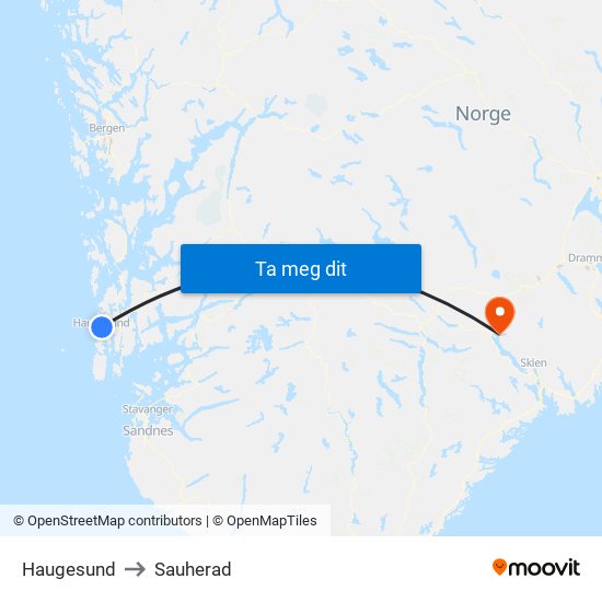 Haugesund to Sauherad map