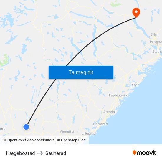 Hægebostad to Sauherad map