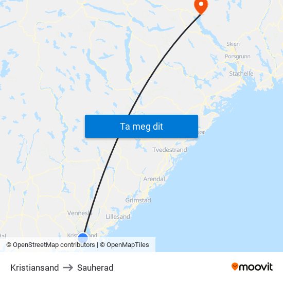 Kristiansand to Sauherad map