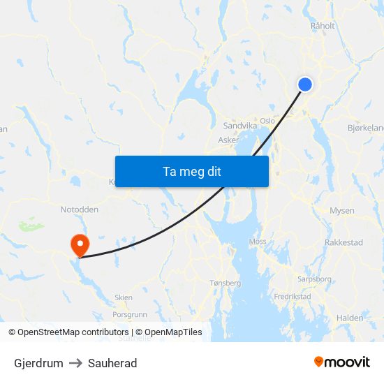 Gjerdrum to Sauherad map