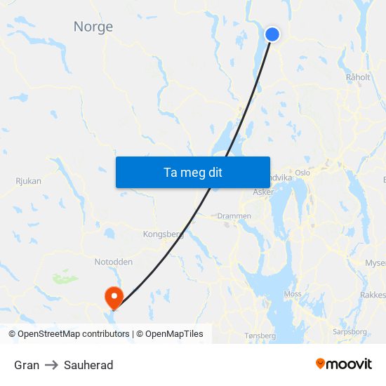 Gran to Sauherad map