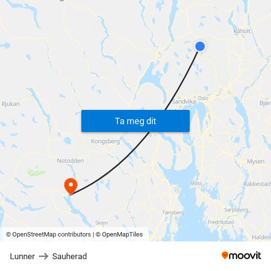 Lunner to Sauherad map