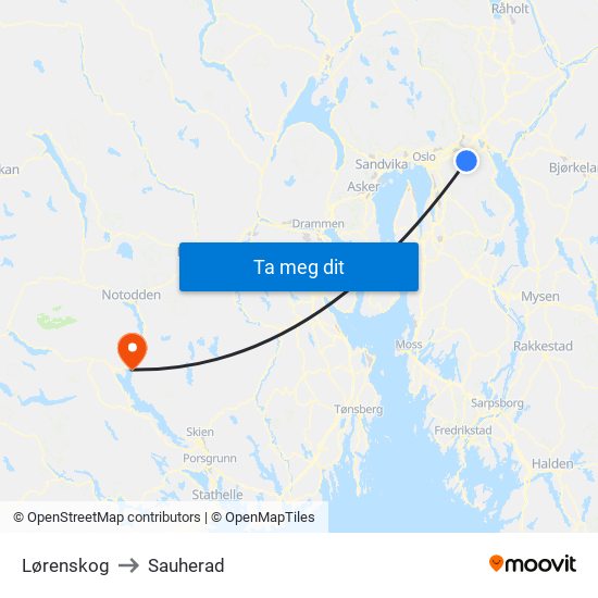 Lørenskog to Sauherad map