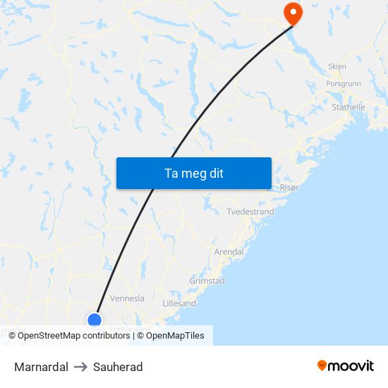 Marnardal to Sauherad map