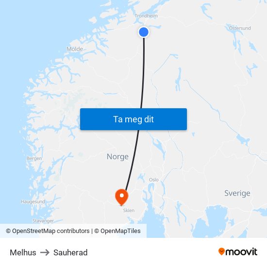 Melhus to Sauherad map