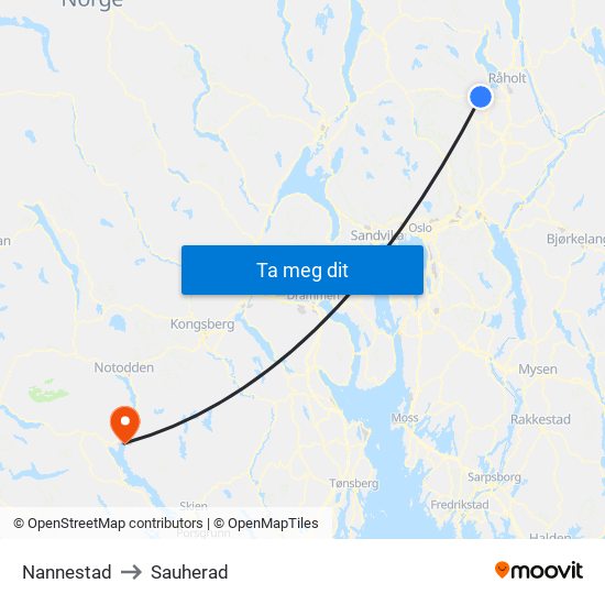 Nannestad to Sauherad map