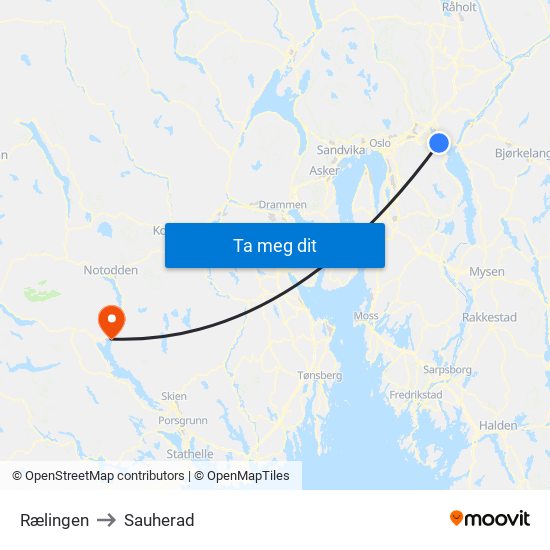 Rælingen to Sauherad map