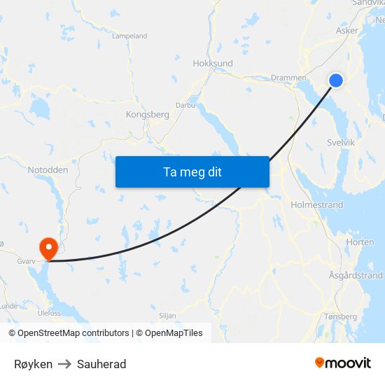 Røyken to Sauherad map