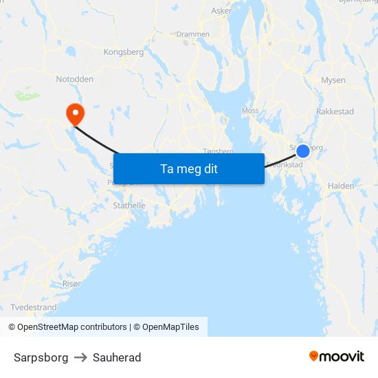 Sarpsborg to Sauherad map