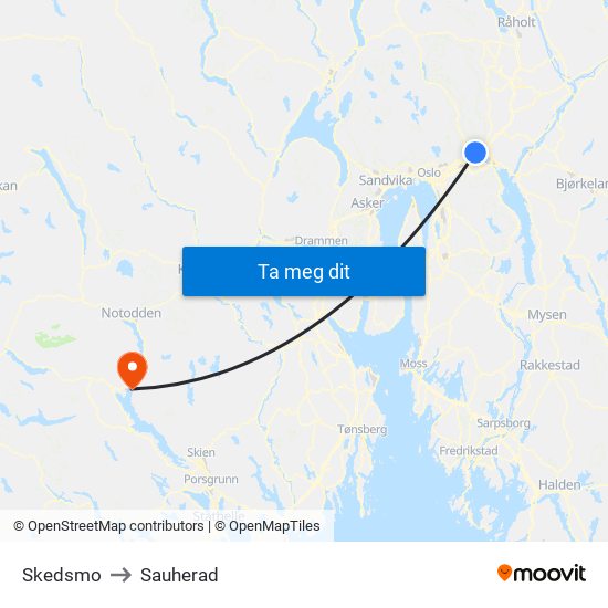 Skedsmo to Sauherad map