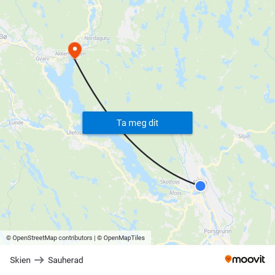 Skien to Sauherad map