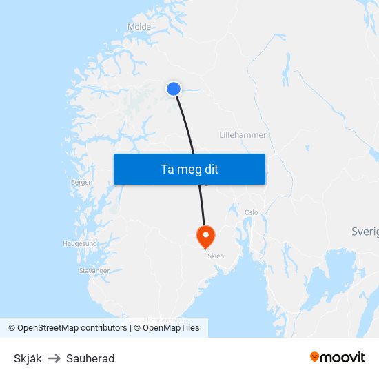 Skjåk to Sauherad map