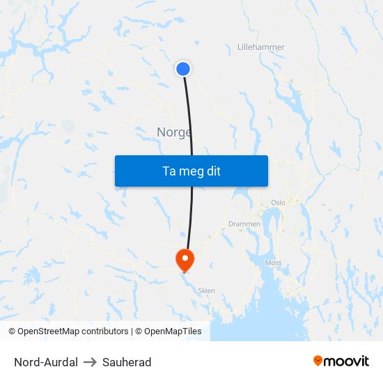 Nord-Aurdal to Sauherad map