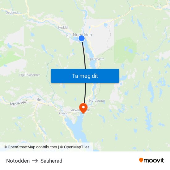 Notodden to Sauherad map