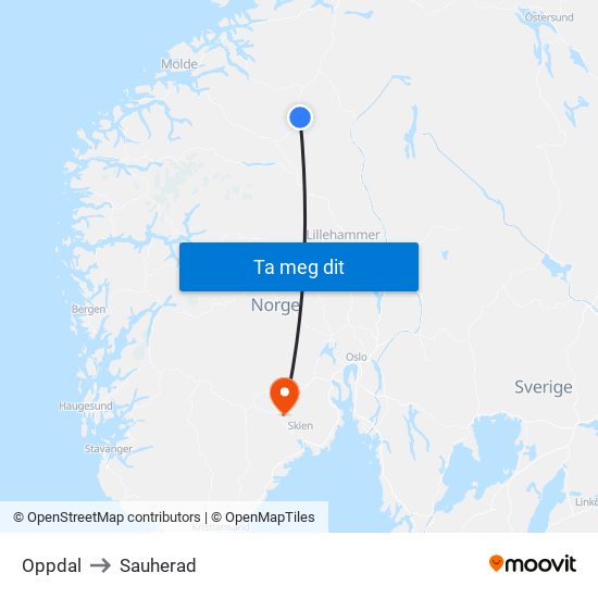 Oppdal to Sauherad map