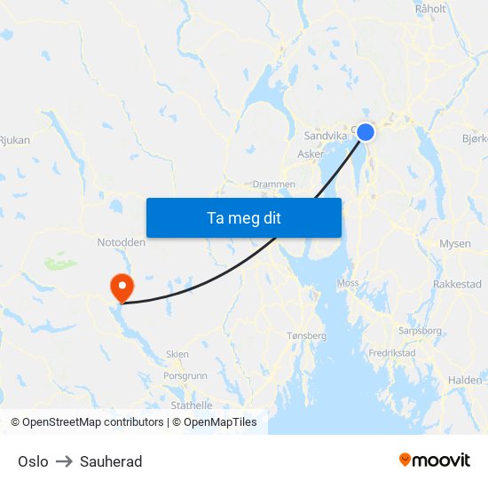 Oslo to Sauherad map