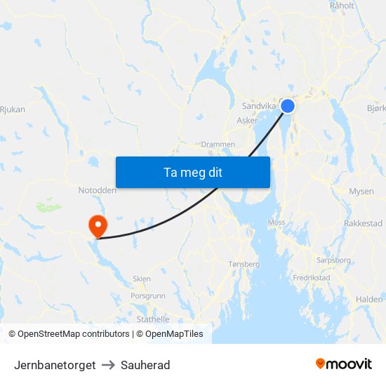 Jernbanetorget to Sauherad map