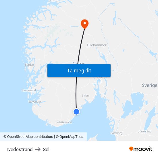 Tvedestrand to Sel map