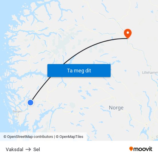 Vaksdal to Sel map