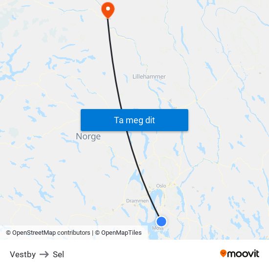 Vestby to Sel map