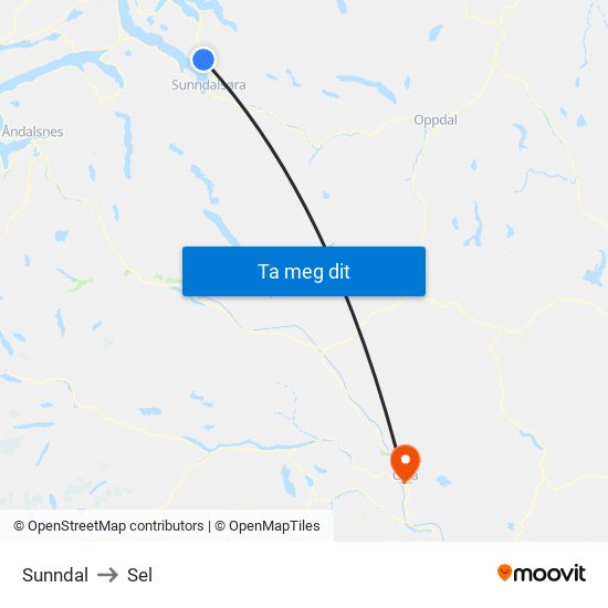 Sunndal to Sel map