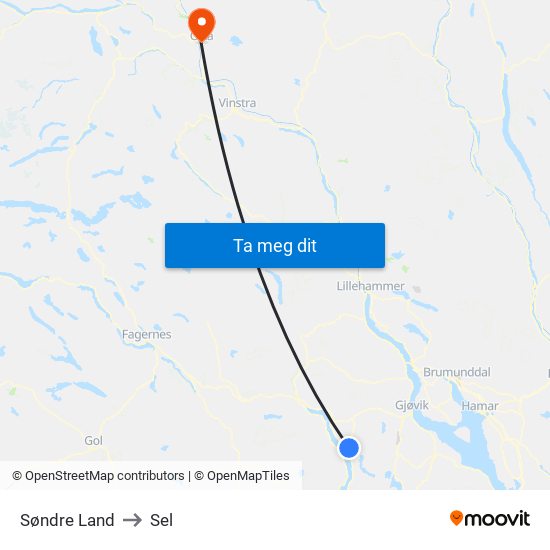 Søndre Land to Sel map