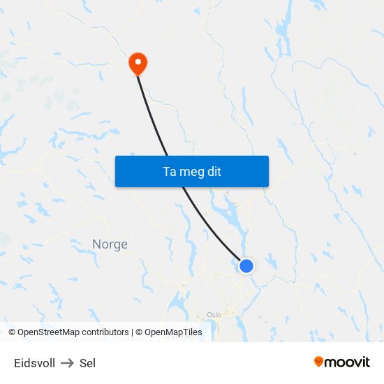 Eidsvoll to Sel map