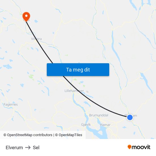 Elverum to Sel map