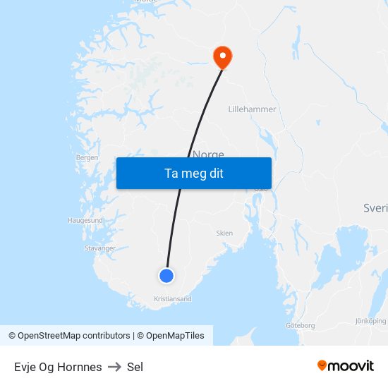 Evje Og Hornnes to Sel map