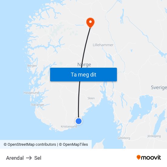 Arendal to Sel map