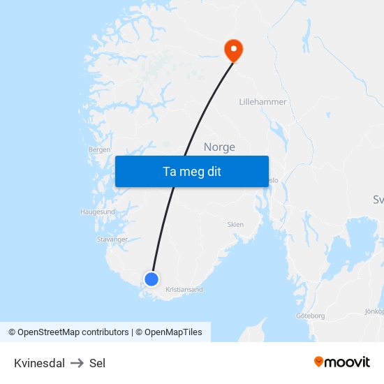 Kvinesdal to Sel map