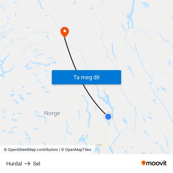 Hurdal to Sel map