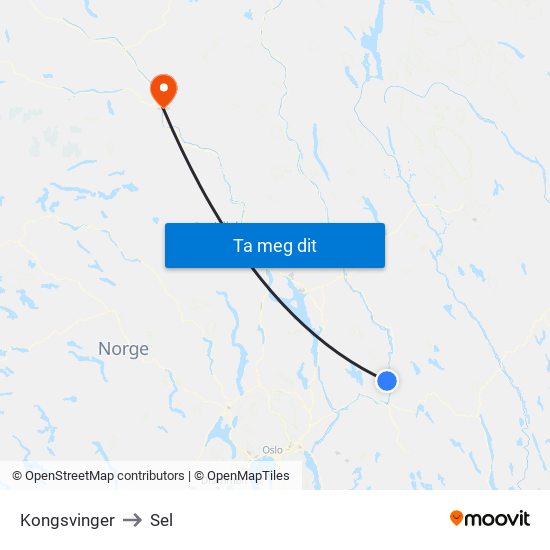 Kongsvinger to Sel map
