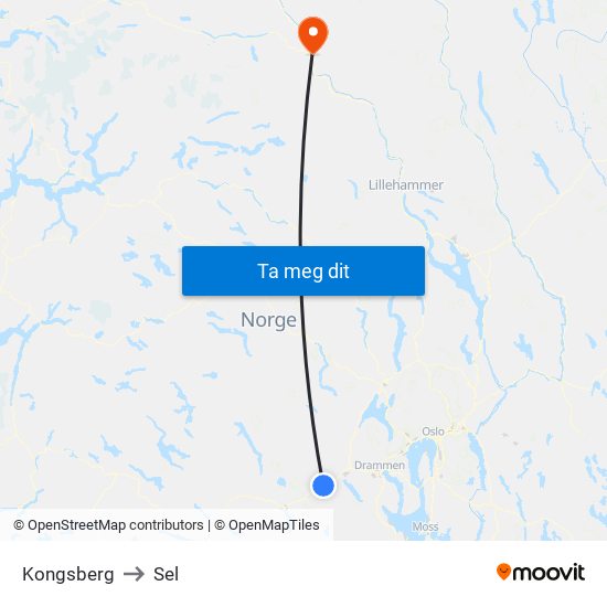 Kongsberg to Sel map