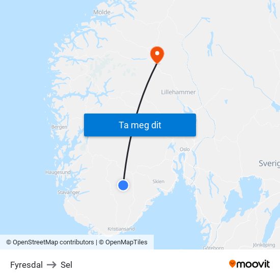 Fyresdal to Sel map
